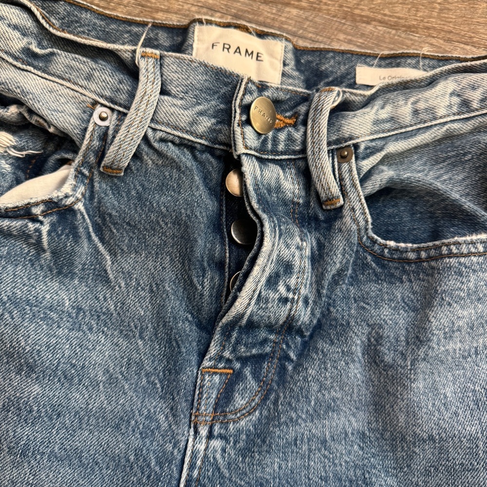 Frame Le Orginal Jeans High Rise Distressed Button Fly Cascade Blue Rips Size 25 - Picture 11 of 12